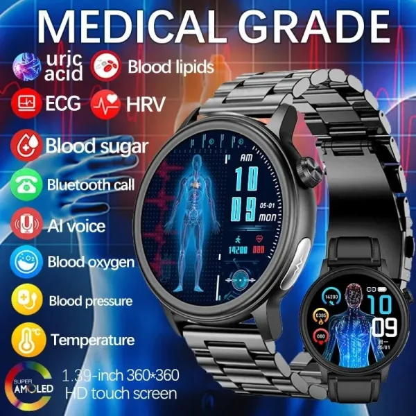 2024 New Blood Glucose Smart Watch for Men ECG+PPG Lipid and Uric Acid Tracker Clock Bluetooth Call Health Smartwatches Women