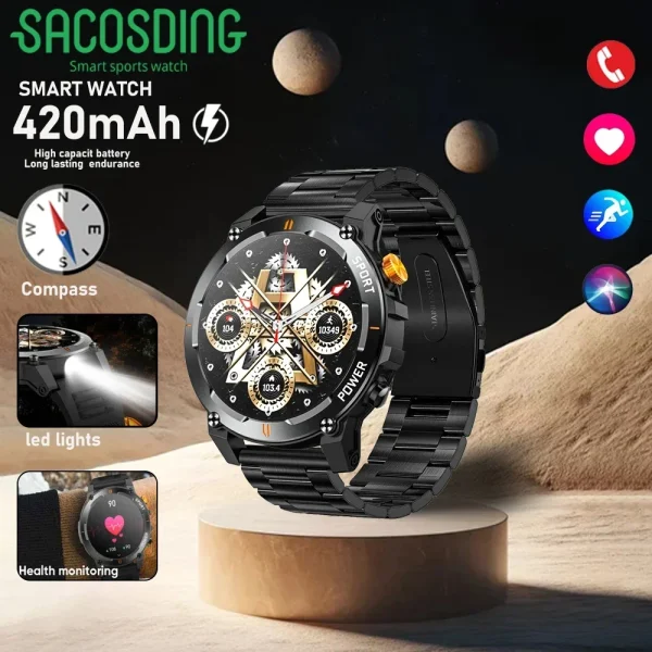 LED Flashlight SmartWatch Men SOS Outdoor Sports Tracker Waterproof Health Monitoring Voice Assistant Bluetooth Call WristWatch