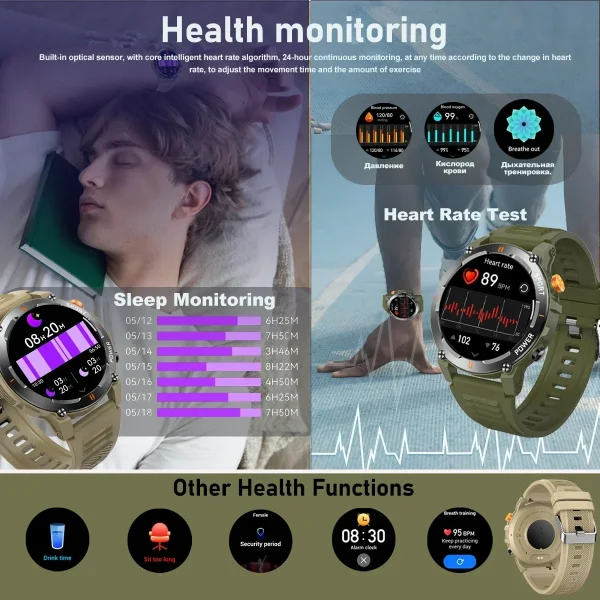 LED Flashlight SmartWatch Men SOS Outdoor Sports Tracker Waterproof Health Monitoring Voice Assistant Bluetooth Call WristWatch - Image 4