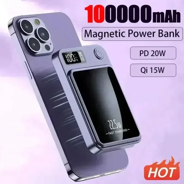 100000mAh Portable Powerbank Type C Fast Charger Wireless Power Bank Magnetic For iPhone Xiaomi Samsung All Series Phone