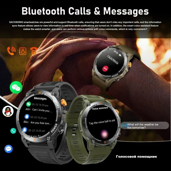 LED Flashlight SmartWatch Men SOS Outdoor Sports Tracker Waterproof Health Monitoring Voice Assistant Bluetooth Call WristWatch - Image 3