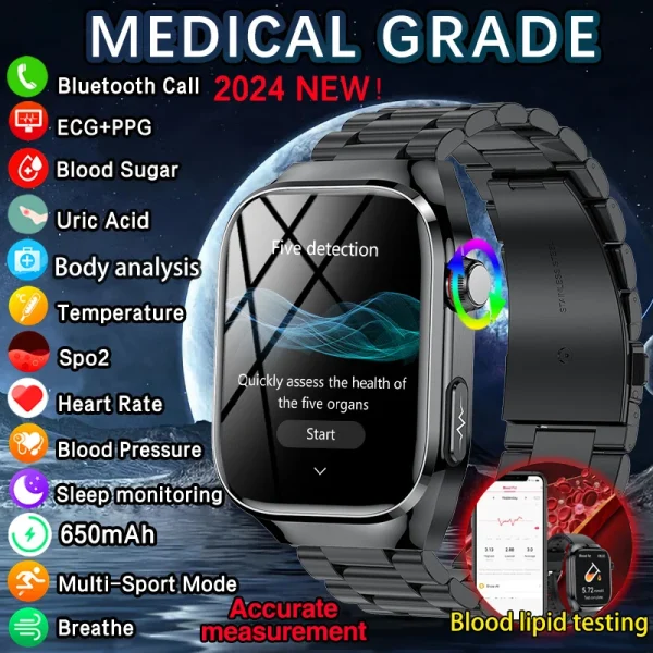 2024 New Men Healthy Blood oxygen Blood Lipid Blood Sugar Uric Acid Smart Watch ECG+PPG+HRV Bluetooth Call SmartWatch For Xiaomi