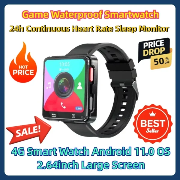 Game Waterproof Smartwatch 4G Smart Watch Android 11.0 OS 2.64inch Large Screen 24h Continuous Heart Rate Sleep Monitor