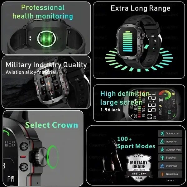 2024 New Rugged Military Smart Watch Men AMOLED HD Screen Heart Rate Bluetooth Call Waterproof Outdoor SmartWatches For Huawei - Image 5